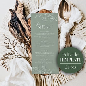 Modèle imprimable de menu de mariage modifiable | Modèle de menu botanique | Grand menu long | Mariage floral vert sauge WILLOW