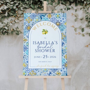 Niebieskie kafelki cytrynowy znak powitalny na wieczór panieński, znak na wieczór panieński na wybrzeżu Amalfi, znak powitalny na baby shower, natychmiastowe pobranie