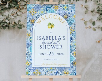 Blue Tiles Lemon Bridal Shower Welcome Sign, Amalfi Coast Mediterranean Bridal Shower Sign, Baby Shower Welcome Sign, Instant Download