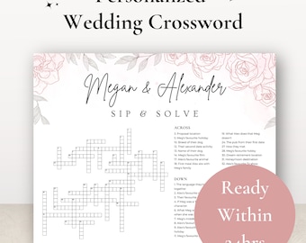 Large Wedding Crossword with Blush Floral Design | Sip and Solve, Reception & Cocktail Hour Game | Any Size with Personalization