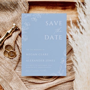 Floral Dusty Blau Minimalist Hochzeit Save The Date | Bearbeitbare Vorlage | Sparen Sie unser Datum | Canva Sofortiger Download | AZALEE