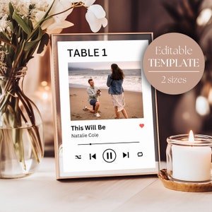 Numeri dei tavoli nuziali con canzoni / Tema musicale Nomi dei tavoli nuziali / Numeri dei tavoli fotografici / Insegna del matrimonio moderno / Modello modificabile al 100%