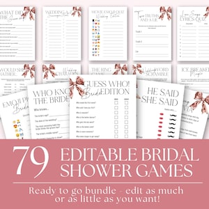 79 Pink Bow Modern Minimalist Bridal Shower Games Bundle, Editable Canva Templates for Fun Activities, Instant Download, Printable Pack