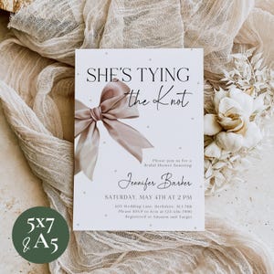 She&#39;s Tying the Knot Editable Bridal Shower Invitation Template Pink Bow Minimalist Coquette Wedding Shower Invite Instant Download