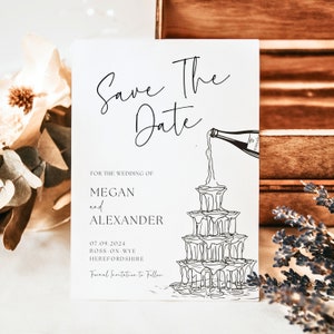 Modèle "Retenez cette date" Tour de champagne | Dessiné à la main | Modèle de toile modifiable | Téléchargement instantané | Réservez votre date moderne | Mariage fantaisiste