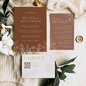 Burnt Orange Wedding Invitation Suite, Terracotta Wedding Invitation Template Set, Boho Floral Wedding Invite Suite, RSVP With QR Code AMBER