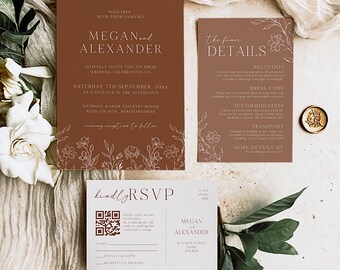 Burnt Orange Wedding Invitation Suite, Terracotta Wedding Invitation Template Set, Boho Floral Wedding Invite Suite, RSVP With QR Code AMBER