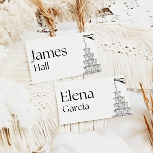 Tarjeta de lugar de la Torre de Champán / Asientos de boda / Tarjeta de nombre moderna plegada y plana / Señalización de boda caprichosa dibujada a mano / Descarga instantánea