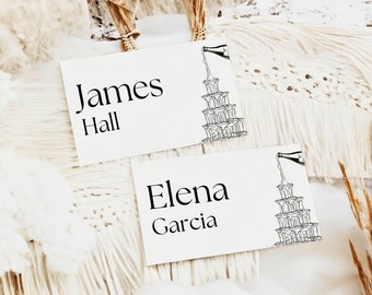 Champagne Tower Place Card | Wedding Seating | Folded and Flat Modern Name Card | Hand Drawn Whimsical Wedding Signage | Instant Download