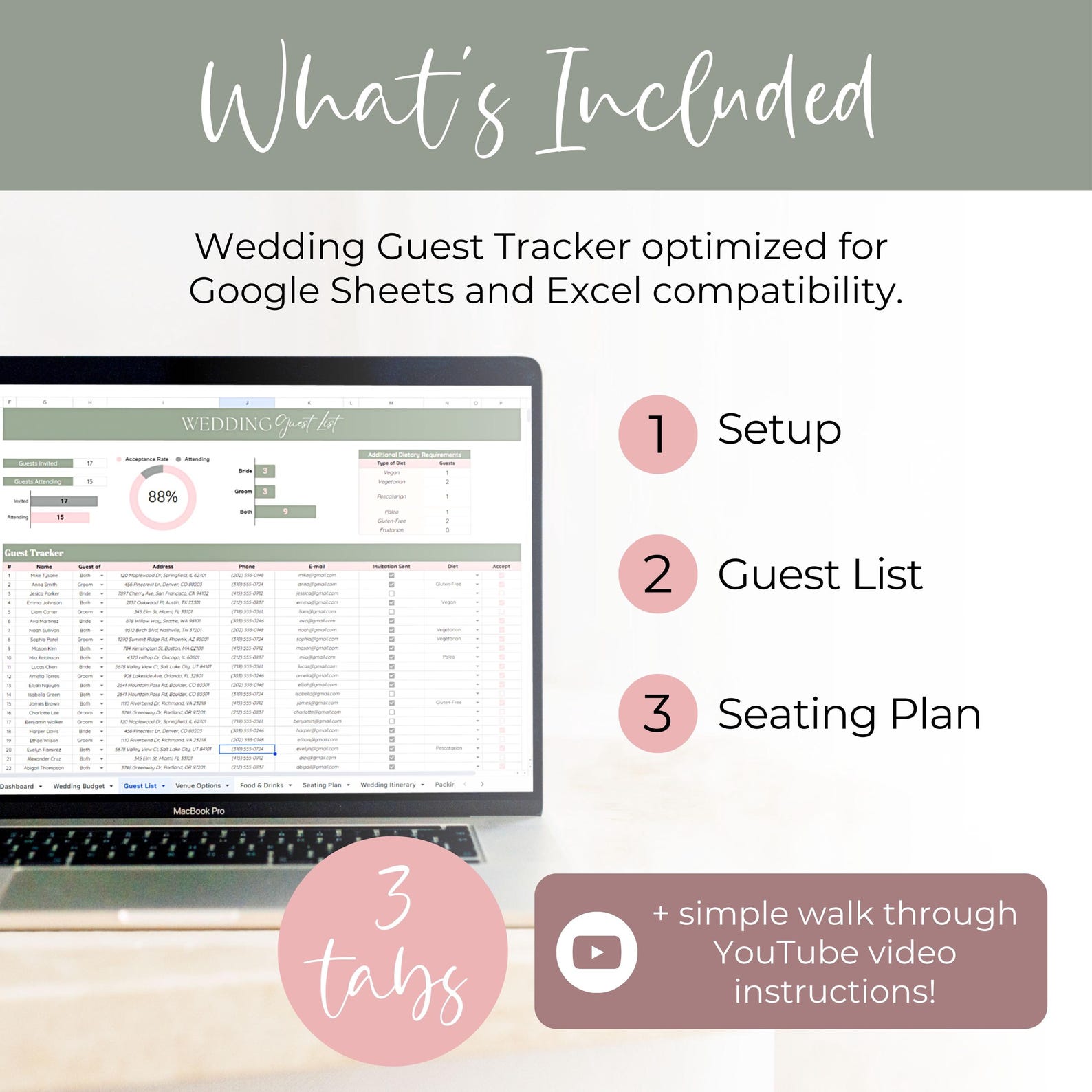 Invitation Spreadsheet Wedding Guest List Tracker Google Sheets & Excel Spreadsheet, RSVP ...