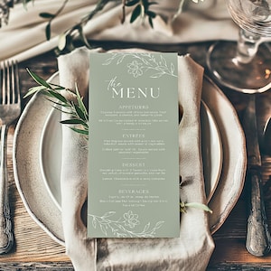 Modèle imprimable de menu de mariage modifiable | Modèle de menu botanique | Grand menu long | Mariage floral vert sauge WILLOW