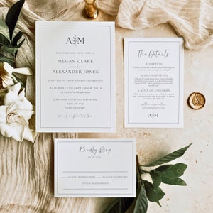 Conjunto de plantillas de invitación de boda con monograma, monograma minimalista moderno y suite de invitación de boda imprimible con borde, descarga instantánea CHARLOTTE