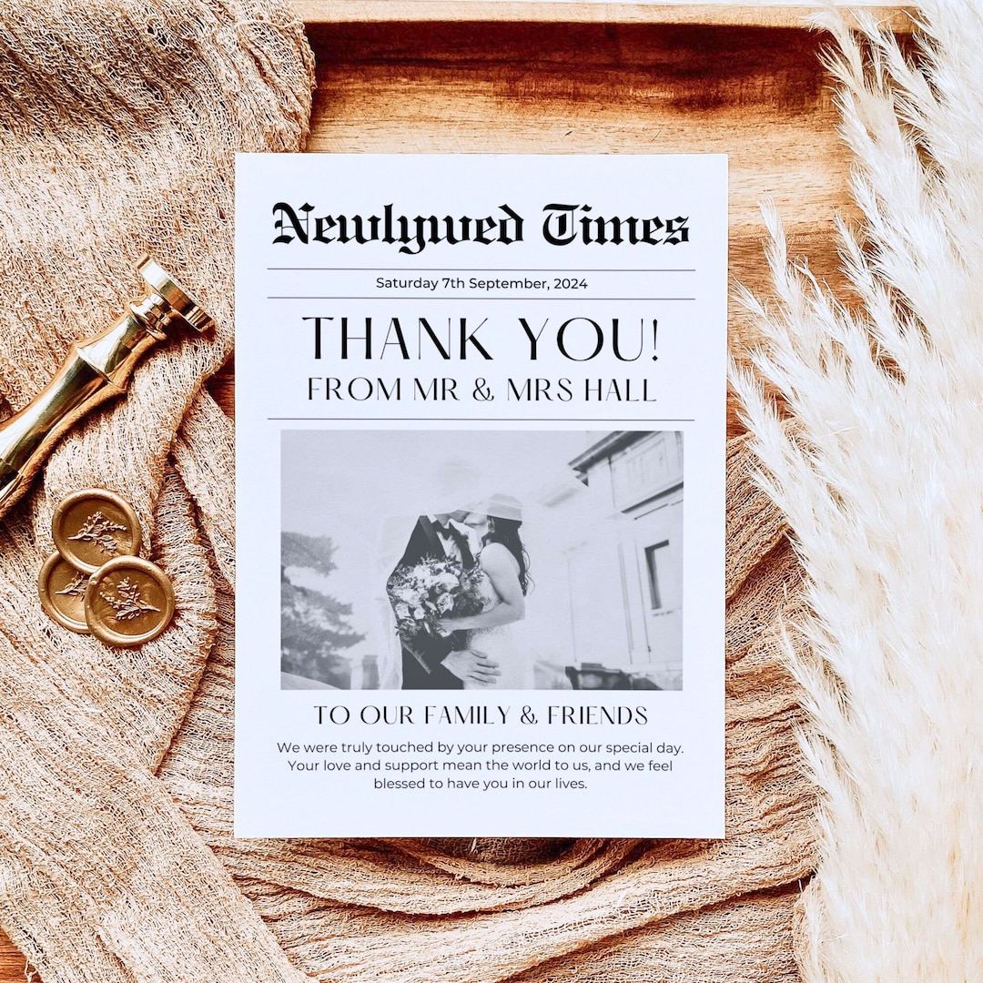 Wedding Newspaper Thank You Card | Unique Wedding Thank You | Editable