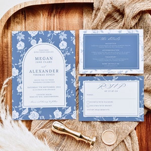 Chinoiserie Wedding Invite | Blue Floral Line Art | Botanical Invitation | Classic Wedding Invitation Template | Blue Porcelain PEONY