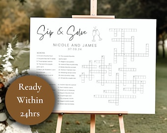 Bruiloft kruiswoordpuzzel Extra groot minimalistisch Sip & Solve gigantische kruiswoordpuzzel Gepersonaliseerde bruids douche kruiswoordraadsel bruiloftsgasten