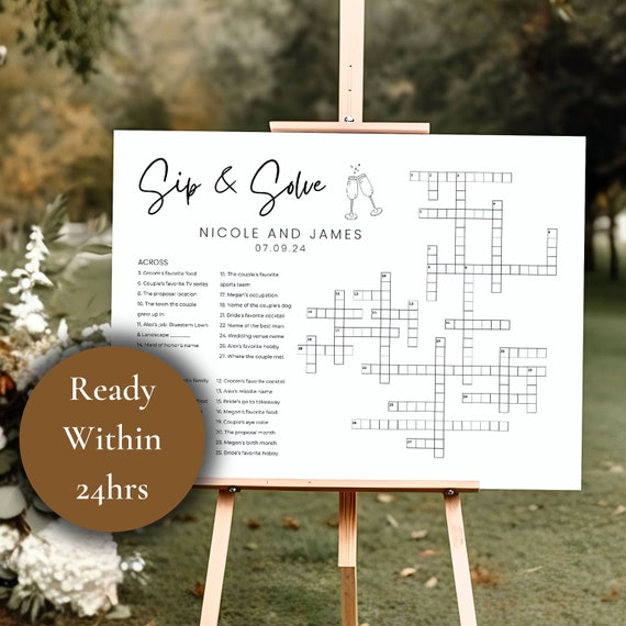 Wedding Crossword Puzzle Extra Large Minimalist Sip & Solve Giant Crossword Puzzle Personalized Bridal Shower Crossword Wedding Guest Games