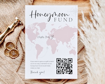 Signo de fondo de luna de miel con código QR, signo de deseo de luna de miel, mapa de Honeyfund, signo de boda moderno con código QR de Venmo, regalo en efectivo para bodas, editable, plantilla