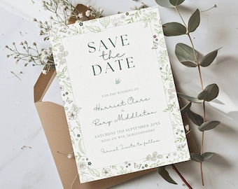 Wedding Save The Date Green Floral | Wildflower Wedding Invitation Template | Editable Save Our Date | Garden Forest Wedding WOODLAND