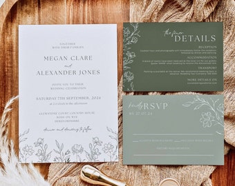 Sage Green Botanical Wedding Invitation Set | Editable Canva Template | Printable Wedding Invitation | Instant Download WILLOW