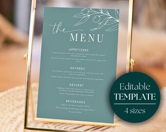 Wedding Menu Table Sign | Restaurant Menu Sign | Printable Green Wedding Menu  | Instant Download Template | 5x7 8x10 A5 A4 | OLIVE