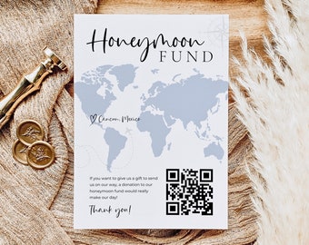 Signo de fondo de luna de miel con código QR único, signo de deseo de luna de miel, fondo de miel, signo de boda moderno con código QR Venmo, regalo en efectivo para bodas, plantilla editable