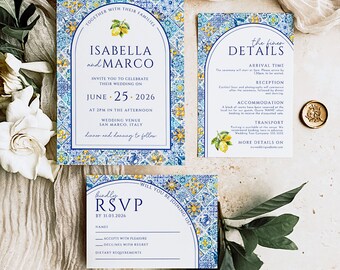 Mediterranean Tile Wedding Invite Suite, Italian Lemon and Tile Wedding Invite, Arch Invite, Editable Template, Instant Download, CHIARA