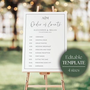 May include: A white wedding sign with a black frame and the text "AM Order of Events Alexander & Megan 7th September 2024" at the top. The sign lists the wedding events with times, including ceremony, cocktail hour, group photos, wedding breakfast, speeches and toast, evening reception, first dance, cutting the cake, fireworks send off, and carriages.