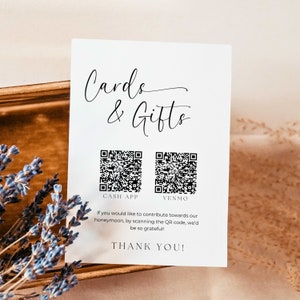 K&ouml;nnte beinhalten: Eine wei&szlig;e Karte mit dem Text "Cards & Gifts" in schwarzer Kursivschrift. Unter dem Text befinden sich zwei schwarz-wei&szlig;e QR-Codes, beschriftet mit "Cash App" und "Venmo". Unter den QR-Codes steht der Text "Wenn Sie zu unseren Flitterwochen beitragen m&ouml;chten, scannen Sie den QR-Code. Wir w&auml;ren Ihnen sehr dankbar!" Der Text "Vielen Dank!" befindet sich am unteren Rand der Karte.