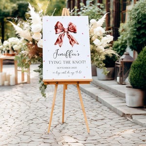 Cartello di benvenuto per addio al nubilato con nastro rosa, decorazione per lei che si sposa, modello modificabile, design con fiocco color fard, cartello personalizzabile per addio al nubilato con fiocco