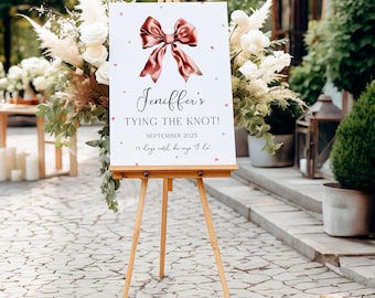 Pink Ribbon Bridal Shower Welcome Sign, She's Tying the Knot Decor, Editable Template, Blush Bow Design, Customizable Bow Bridal Shower Sign