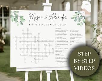 Custom Wedding Crossword Puzzle Template | Eucalyptus Personalized Crossword Game | Large Sip & Solve Puzzle | Giant Crossword Puzzle