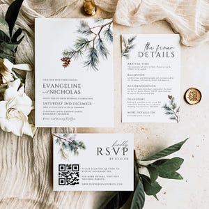 Winter bruiloft uitnodigingen met QR-code RSVP-kaart, kerstbruiloft dennenappel dennenappels uitnodiging bewerkbare sjabloon, Instant Download NOELLE