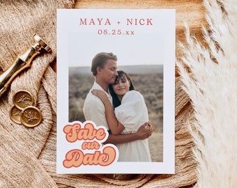 Retro Save The Date met afdrukbare afbeeldingssjabloon | Groovy jaren '60, '70, '80 Disco Bruiloft | Boho en rustieke bruiloft | Bewerkbare sjabloon NOVA