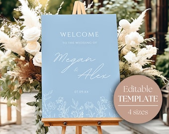 Plantilla editable del signo de bienvenida de la recepción de la boda azul polvoriento, signo de bienvenida de la ducha nupcial floral azul, decoraciones de la boda azul polvoriento, AZALEA