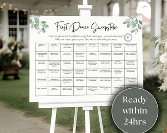 May include: A green and white sign with the text "First Dance Sweepstake" and a grid of song titles. The sign is on an easel and has a green and white floral design. The text "Ready within 24hrs" is on a grey circle below the sign.