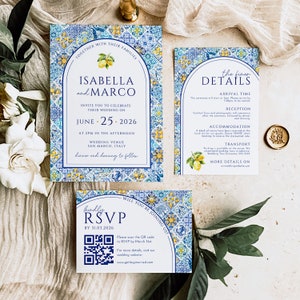 Mediterranean Wedding Invitation with QR Code, Blue Tiles Lemon Invite Template Tuscany Wedding Spanish Tile, Instant Download, CHIARA