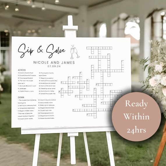 Wedding Crossword Puzzle Extra Large Minimalist Sip & Solve Giant Crossword Puzzle Personalized Bridal Shower Crossword Wedding Guest Games