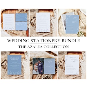 Dusty Blue Hochzeit Vorlage Bundle | Botanisches Hochzeitseinladungs-Set zum Ausdrucken | Bearbeitbare Canva Vorlage | Sofortdownload AZALEE