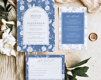 Invitación de boda Toile / Conjunto de invitación de boda elegante / Plantilla de invitación de porcelana floral azul / PEONY imprimible de boda francesa Toile