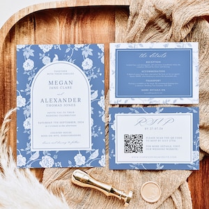 Toile Wedding Invite, Elegant Wedding Invitation Set, RSVP with QR, Blue Floral Porcelain Invitation Template, French Toile Wedding PEONY