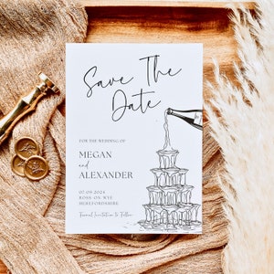 Plantilla de invitación para guardar la fecha en forma de torre de champán / Dibujado a mano / Plantilla de Canva editable / Descarga instantánea / Moderna invitación para guardar la fecha / Boda caprichosa
