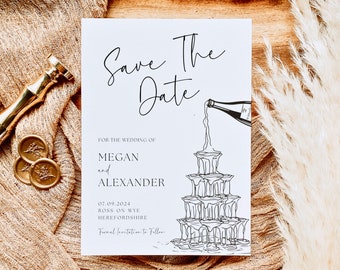 Champagne Tower Save The Date Template | Hand Drawn | Editable Canva Template | Instant Download | Modern Save The Date | Whimsical Wedding