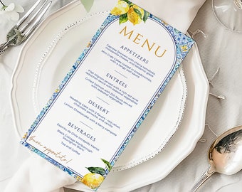 Italienisches Hochzeitsmenü, mediterranes Zitronen- und Blaukachel-Menükarte, Amalfi-Hochzeits-Zitronen-Menü, bearbeitbarer Sofort-Download, CHIARA