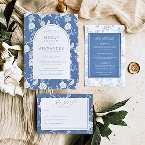 Chinoiserie Wedding Invite | Blue Floral Line Art | Botanical Invitation | Classic Wedding Invitation Template | Blue Porcelain PEONY