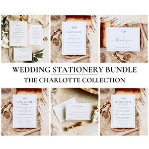 Könnte beinhalten: Ein Set Hochzeitsschriftgut im minimalistischen Stil mit weißem Hintergrund und schwarzem Text. Das Schriftgut umfasst eine Save-the-Date-Karte, eine Einladung, eine Dankeskarte und eine RSVP-Karte. Die Karten zeigen die Initialen des Paares "A&M" und den Text "The Night Before", "Save the Date", "Happily Ever After Party" und "Thank You".