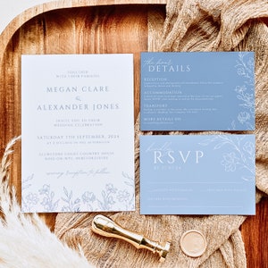 Floral Dusty Blue Minimalist Wedding Invitation Bundle Editable Templates | Wedding Invitation Suite With RSVP Instant Download | AZALEA