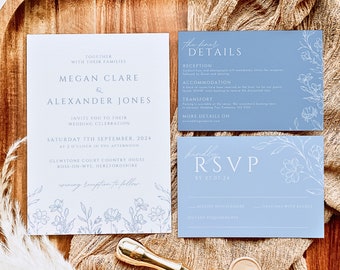 Ensemble de faire-part de mariage minimaliste floral bleu poussiéreux modèles modifiables | Suite d'invitations de mariage avec RSVP à téléchargement immédiat | AZALÉE