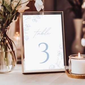 Signo de número de mesa de boda, decoración floral de la mesa de boda, boda azul polvoriento, señalización de recepción, plantilla Canva editable AZALEA