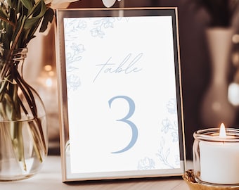 Wedding Table Number Sign, Floral Wedding Table Decor, Dusty Blue Wedding, Reception Signage, Editable Canva Template AZALEA