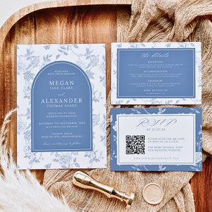 Chinoiserie Wedding Invite RSVP with QR | Blue Porcelain Floral Line Art | Botanical Invitation | Classic Wedding Invitation Template PEONY